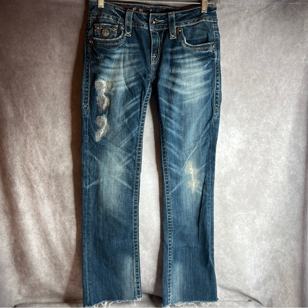 Rock Revival Celine Boot Jeans Sz 29 Gold Stitch Y2K Distress Raw Hem Whiskering